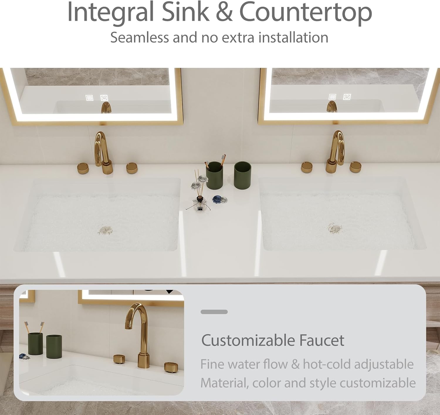 Floating Bathroom Vanities - Rapid Defogging & Light | Integrated Countertop and Sink, Wooden Bathroom Vanity Double Sink (Style A, 56'')