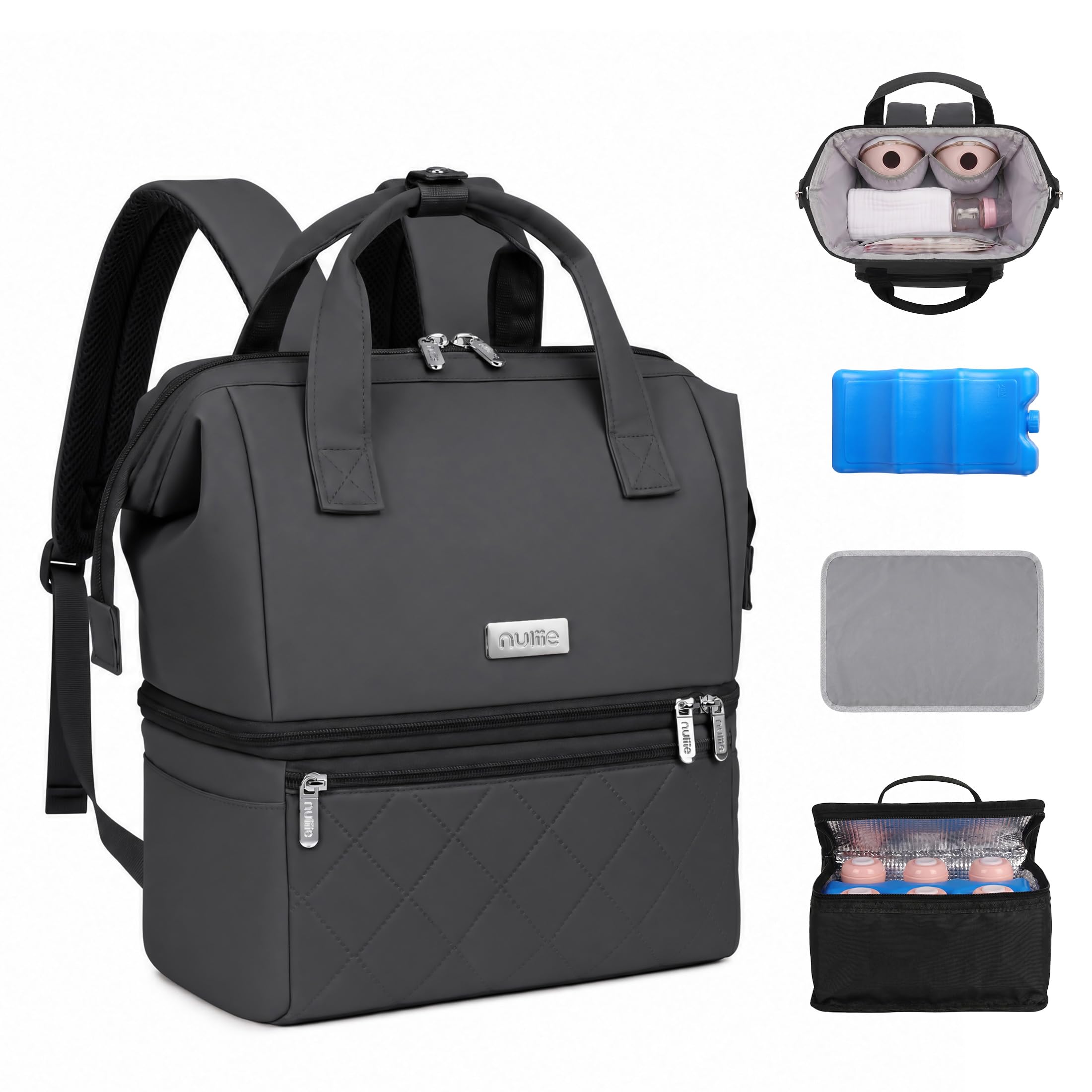 Sac à main portable pour tire-lait avec compartiment isotherme, sac de pompage à double couche avec pack de glace, sac isotherme de transport pour lait maternel avec tapis imperméable, convient pour 6