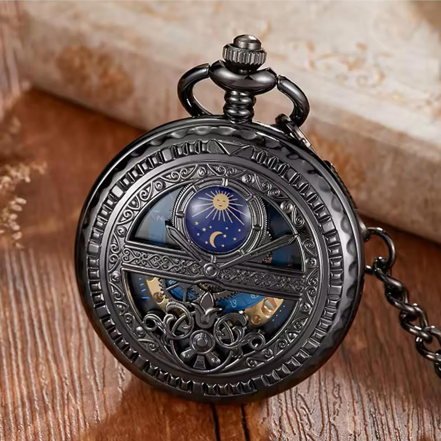 Men's Mechanical Pocket Watch with Roman Numeral dial and Day-Night Skeleton Design, Comes with a Box and Chain, Suitable for Both Men and Women, Available in Black, Gold, and Silver