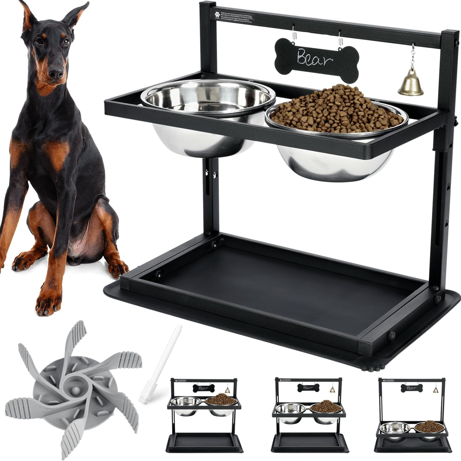 Adjustable Raised Dog Bowl Stand - 12" High For Large & Medium Breeds, With Non-Slip Feet & Stainless Steel Bowls