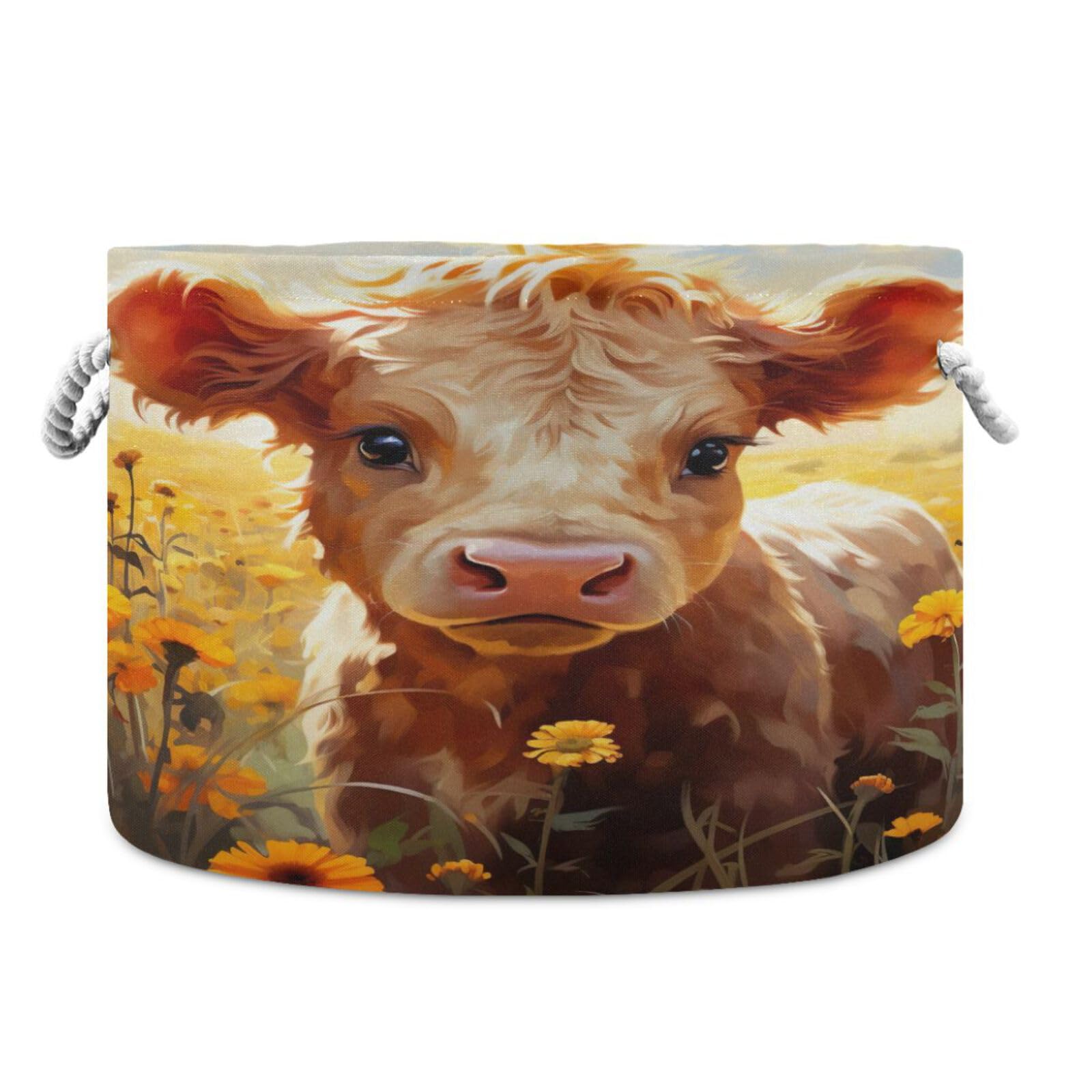 Round Cute Baby Cow Flower Storage Basket Large Organizer Bin Laundry Hamper Toy Storage Basket with Handle for Nursery Clothes Toys 202b4813