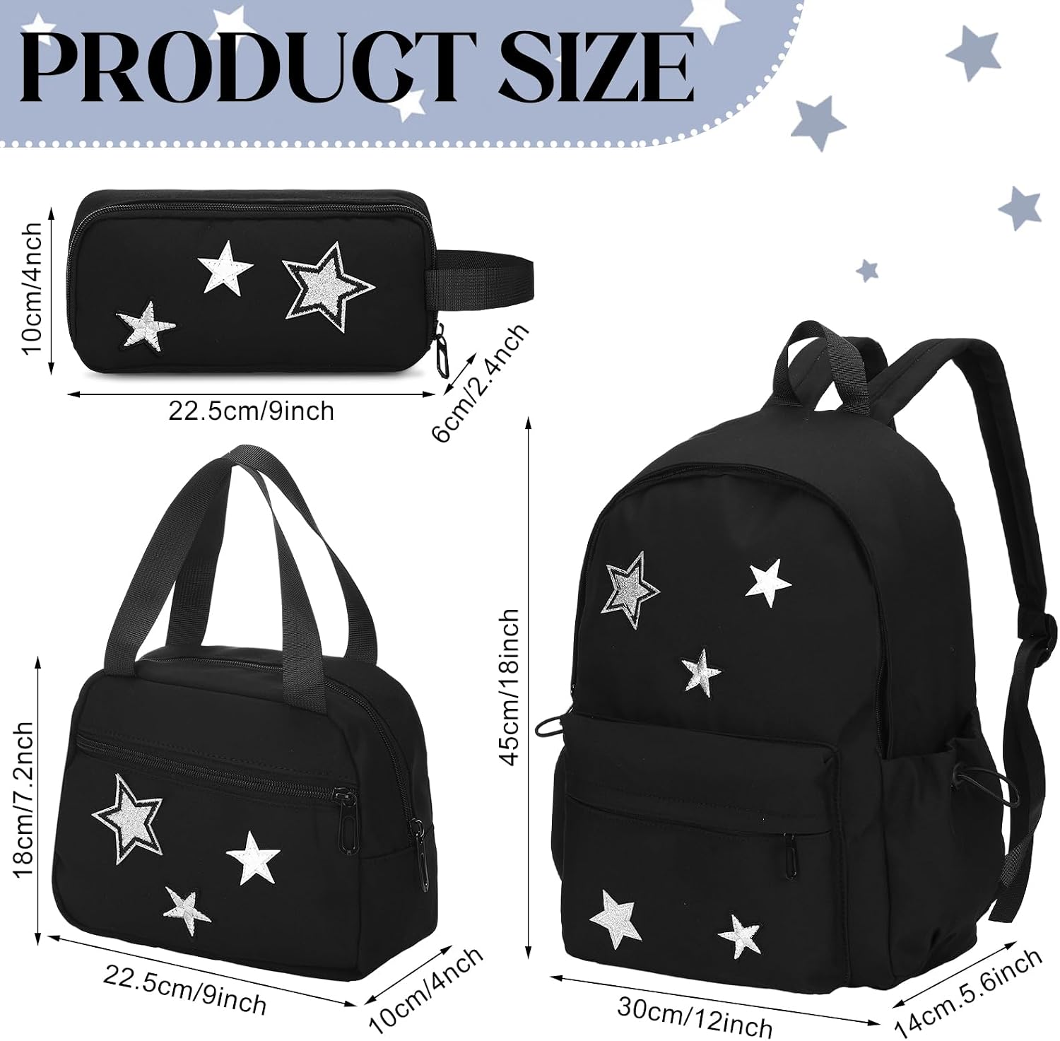 3 Pcs Cute Y2k Star Backpack Set with Lunch Bag and Pencil Case, Kawaii Aesthetic Canvas Bookbag, Preppy Grunge Trendy Backpack College Casual Day Pack for Women Black