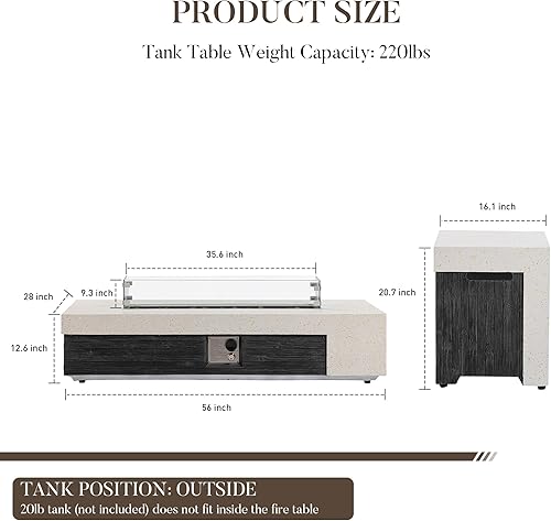 Miniatura 14 de COSIEST Fogata cuadrada de propano de piedra arenisca para exteriores de 35 pulgadas con protector contra el viento y mesa auxiliar, quemador