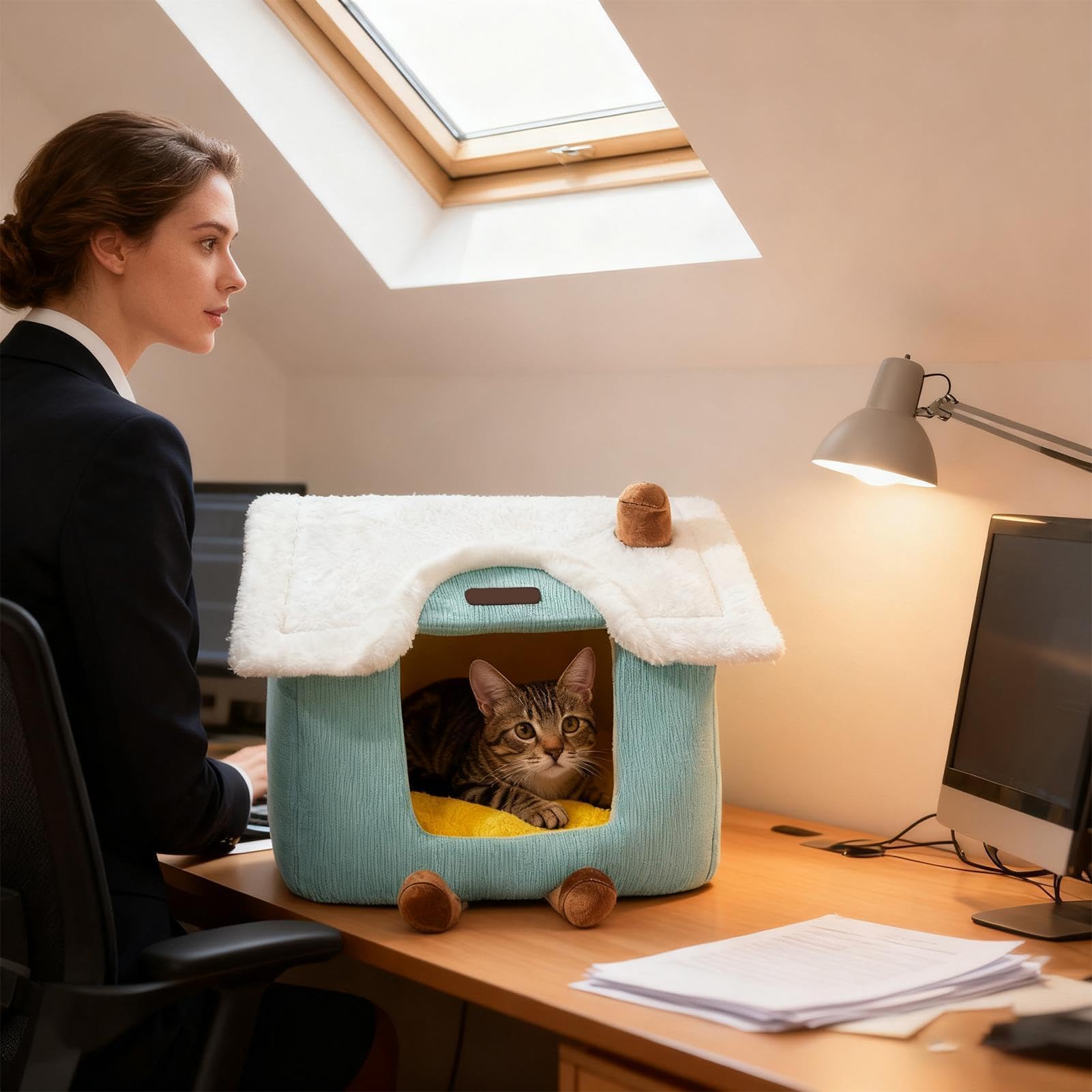 Cama cubierta para gatos – 40 x 32 x 32 cm, nido de felpa para mascotas, almohadilla extraíble, cálida casa para dormir | Camas de invierno interiores para gatitos, cachorros, perros pequeños