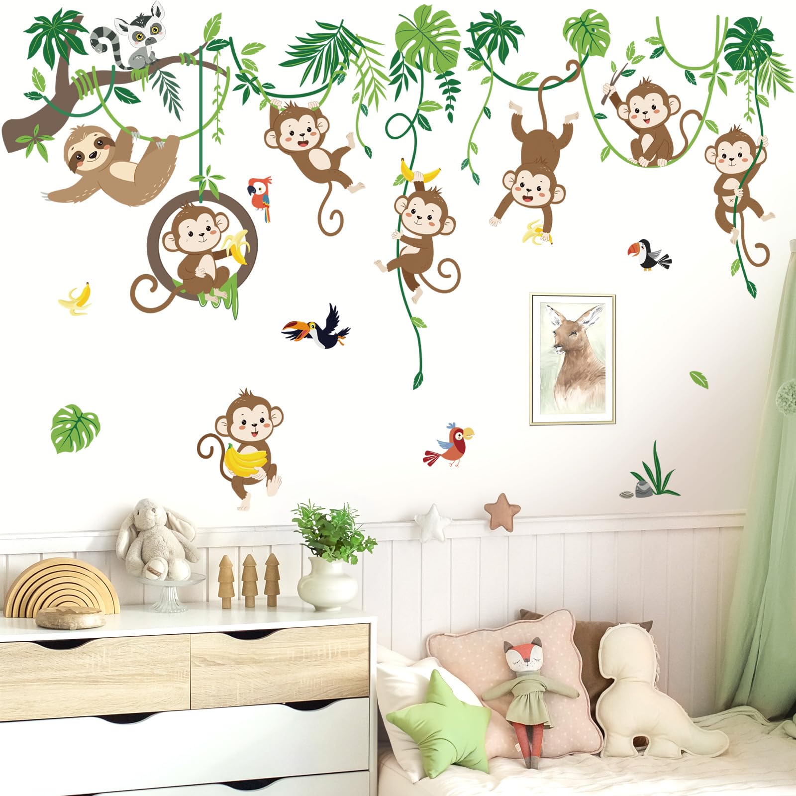 decalmile Monkey Climbing Tree Wall Decals Jungle Animals Tree Branch Sloth Wall Stickers Living Room Baby Nursery Kids Room Wall Decor - Image 2