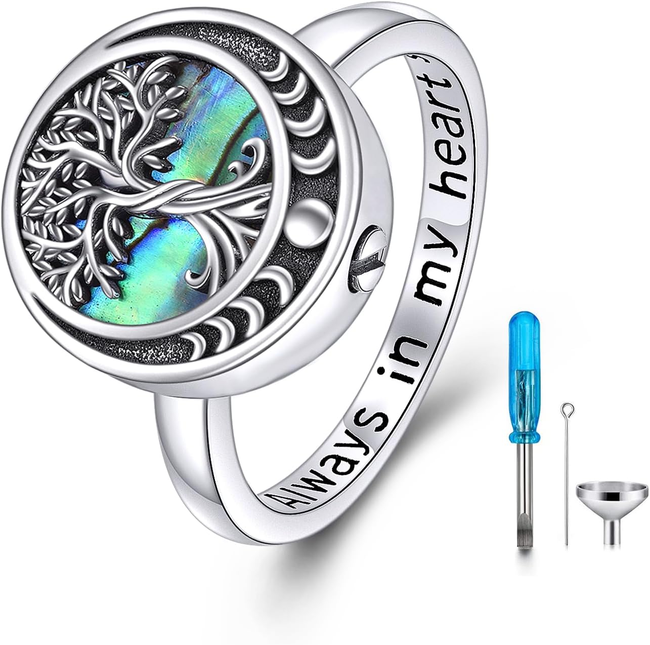 Tree of Life Urn Ring for Ashes 925 Sterling Silver Celtic Knot Family Tree Memorial Keepsake Jewelry Always in My Heart Cremation Ring for Women Men (Moon Phase, 10)