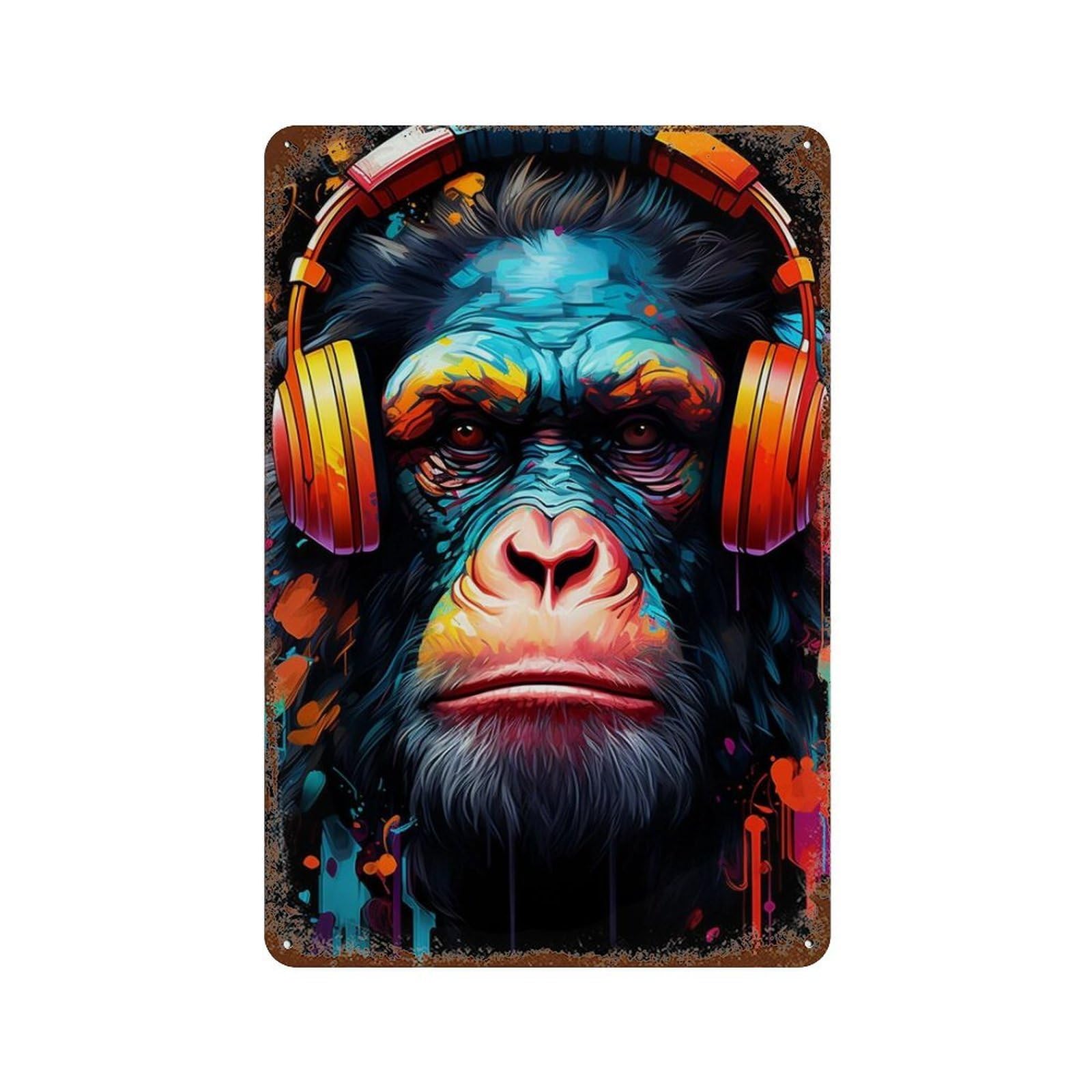 Chimpanzee Headphones Music Art Print 11.8"x7.9" Vintage Rust Metal Sign, Novelty Wall Decor for Living Room, Hallway And Home Decor