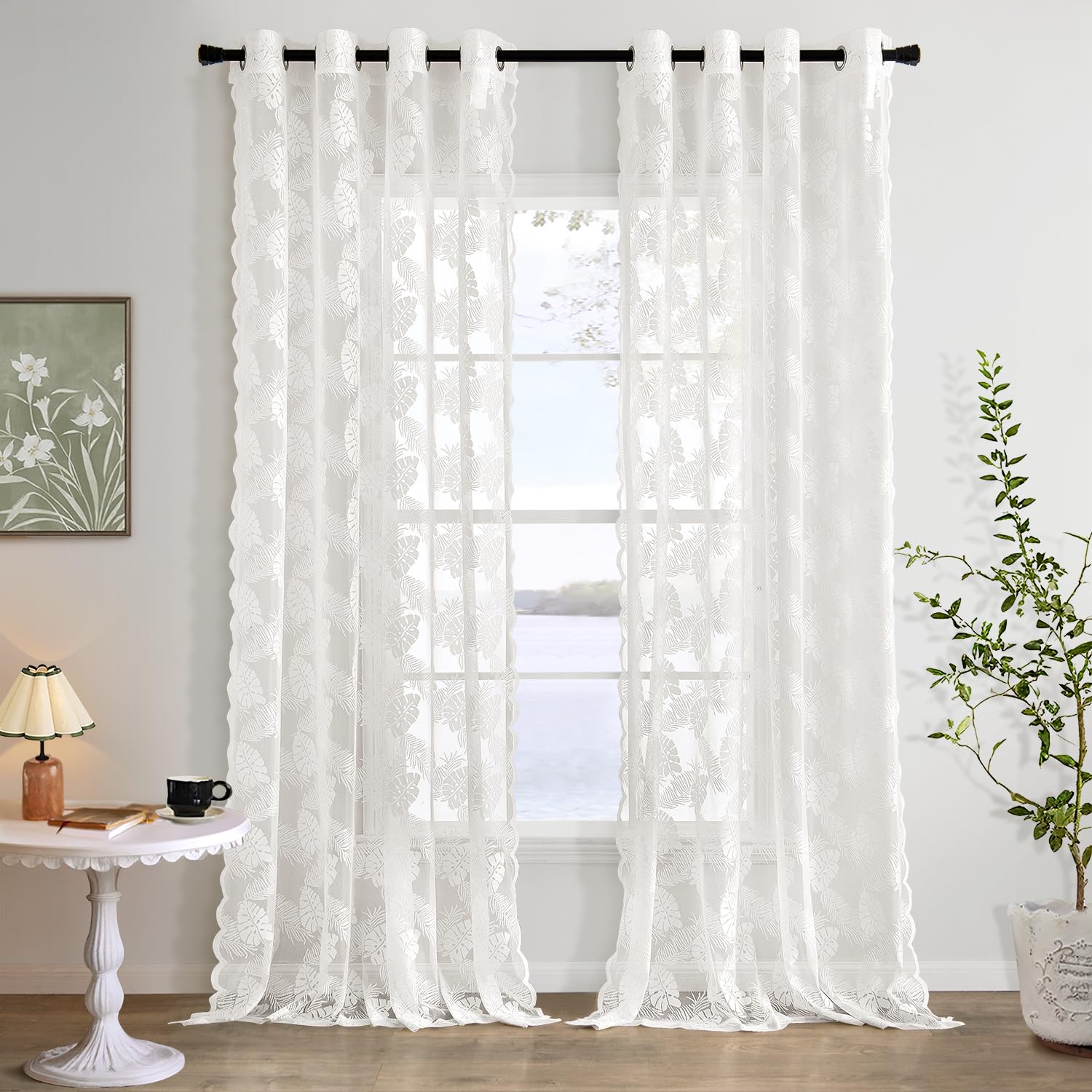 MIULEE Cortinas de Encaje con Ojales Set de 2 Cortinas con Motivo de Hojas Estilo Vintage Europeo Cortinas para salón y Dormitorio Cortinas Decorativas de Encaje, 2X H245 x L150 cm, Blanco
