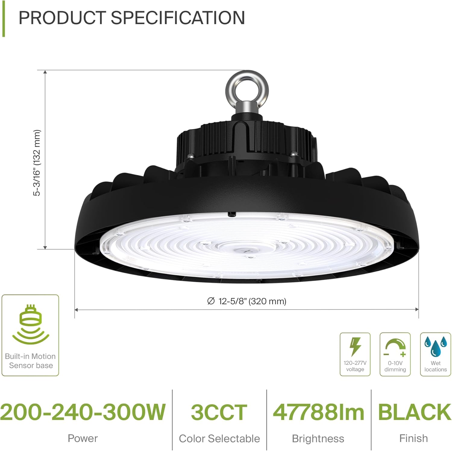 ASD 300W LED High Bay UFO Lighting, Commercial Shop Ceiling Light — 3CCT, Dimmable, IP69K Waterproof — 47700LM 3000-5000K 120-277V DLC Premium & UL Listed — for Warehouse, Garage, Workshop — Black