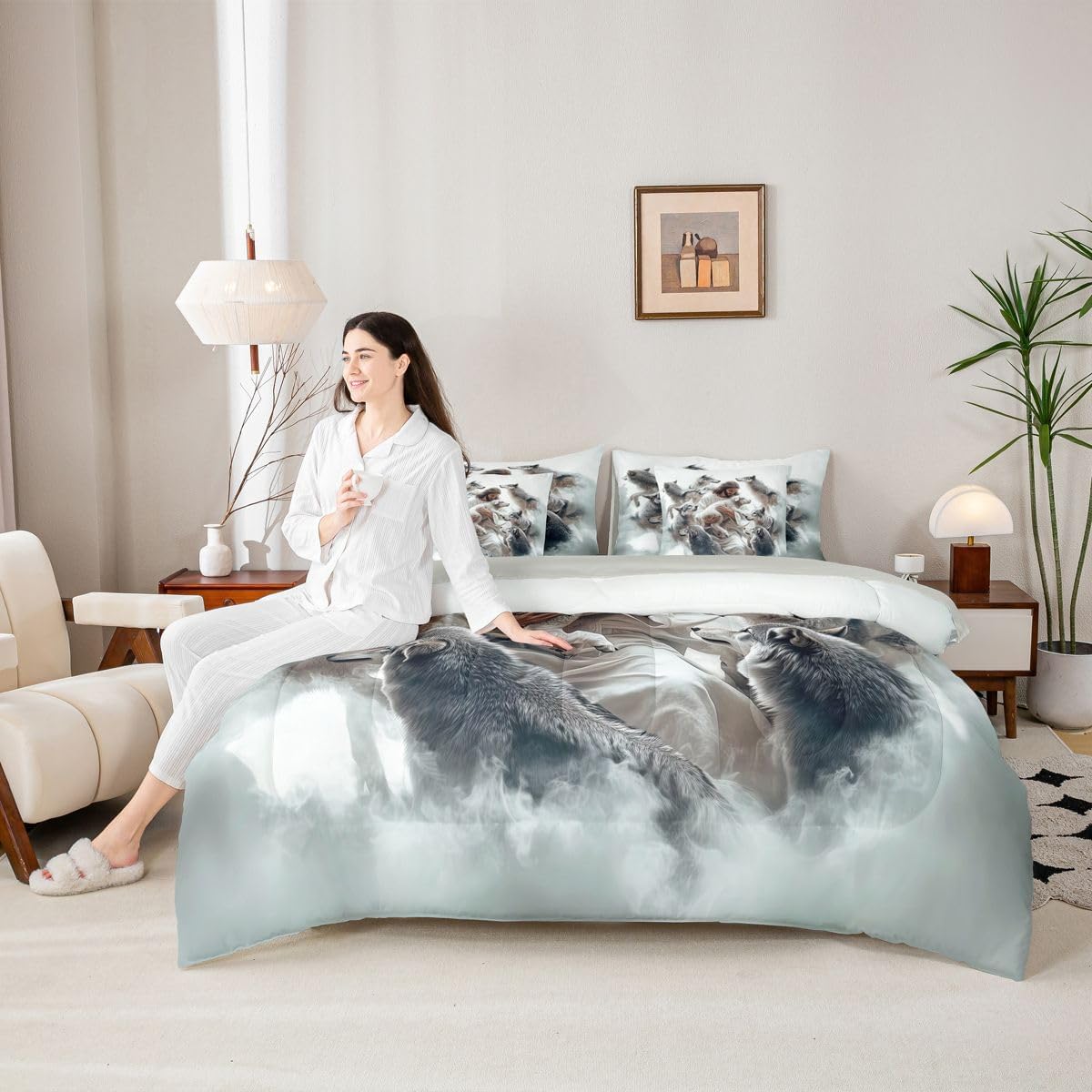 Manfei God and Lamb Full Size Comforter Set,Saving The Lost Sheep Western Bedding,Bible Verse Spiritual Artwork Decor for Kids All Season,White Gray(Fitted+Sheet+2 Pillowcases+2 Throw Pillow Covers)