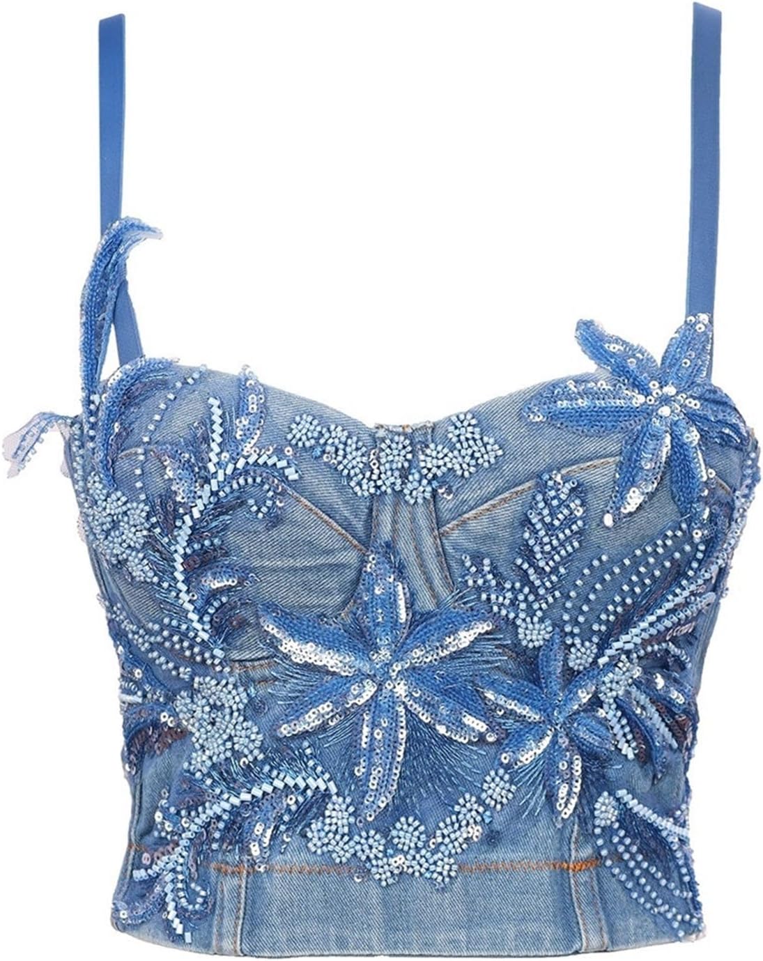 Women's Denim Floral Sequins Beads Corset Bustier Clubwear Party Halter Tops Crop Vest Bra