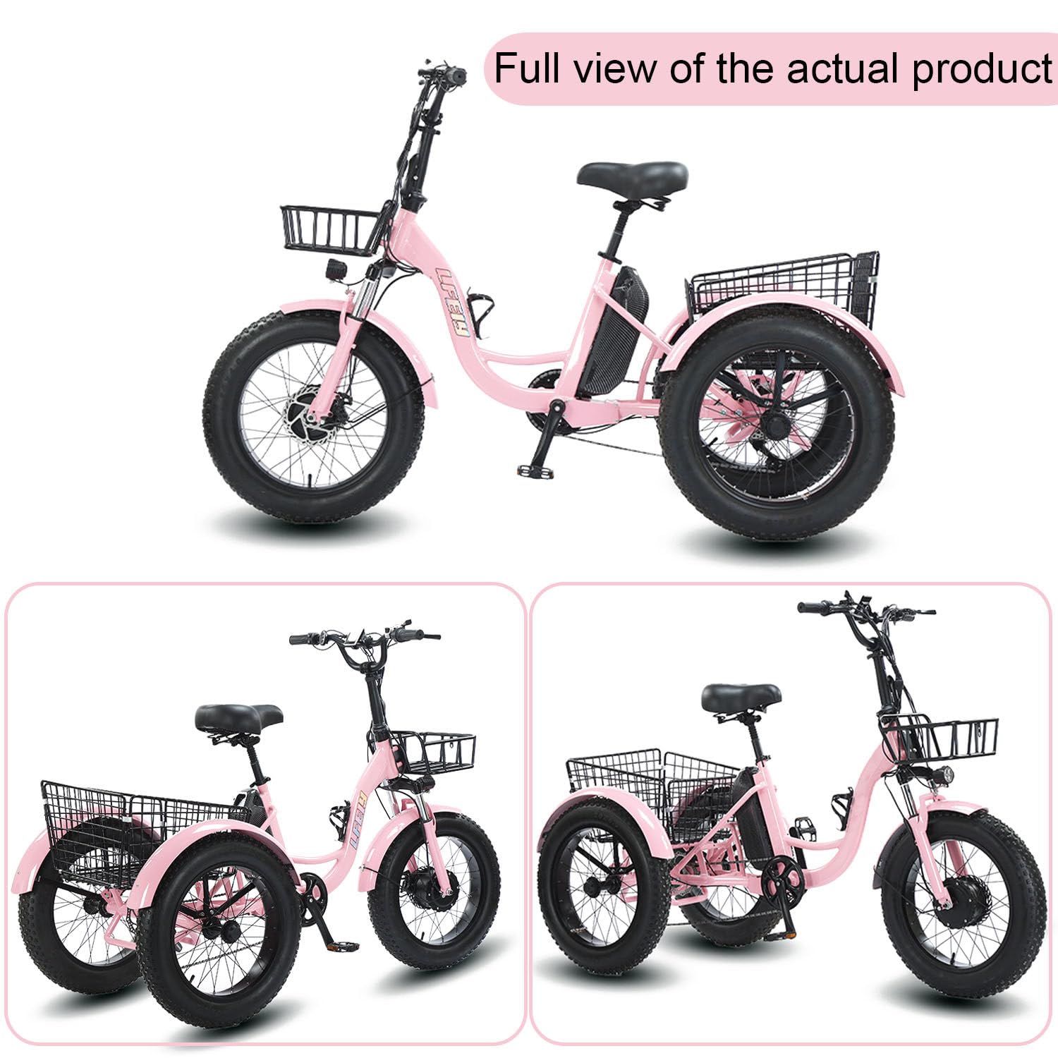 Tricycle électrique Adulte à Assistance électrique, pneus Tout-Terrain Larges 20 x 4, 2 paniers de Rangement, Selle réglable, Confort Optimal, Charge maximale 200 kg, vélo électrique à 3 Roues, Rose
