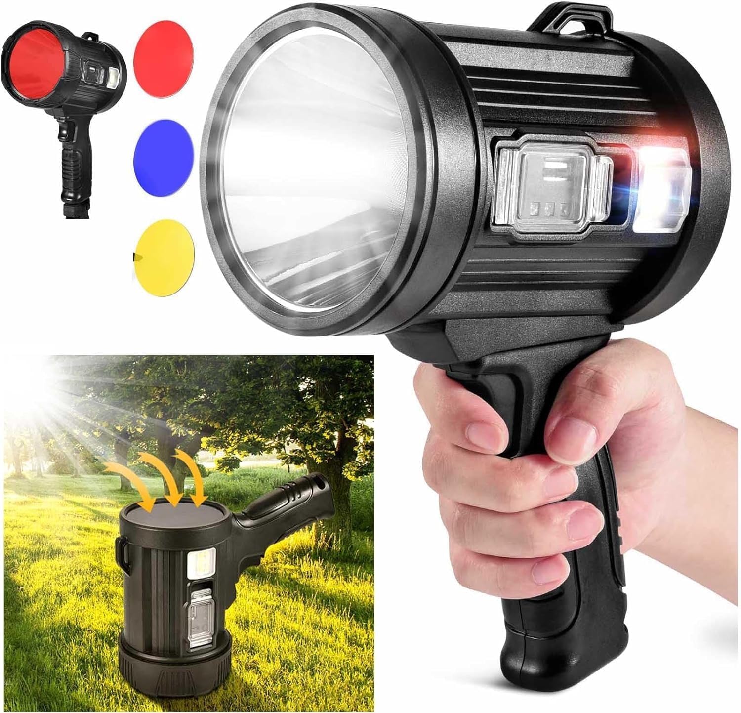 90000 Lumens Spotlight, Rechargeable Spotlight Flashlight with Tripod, 6 Modes and 3 Colors Filter, Super Bright Led Spot Lights Outdoor Handheld, Solar Searchlight for Hunting