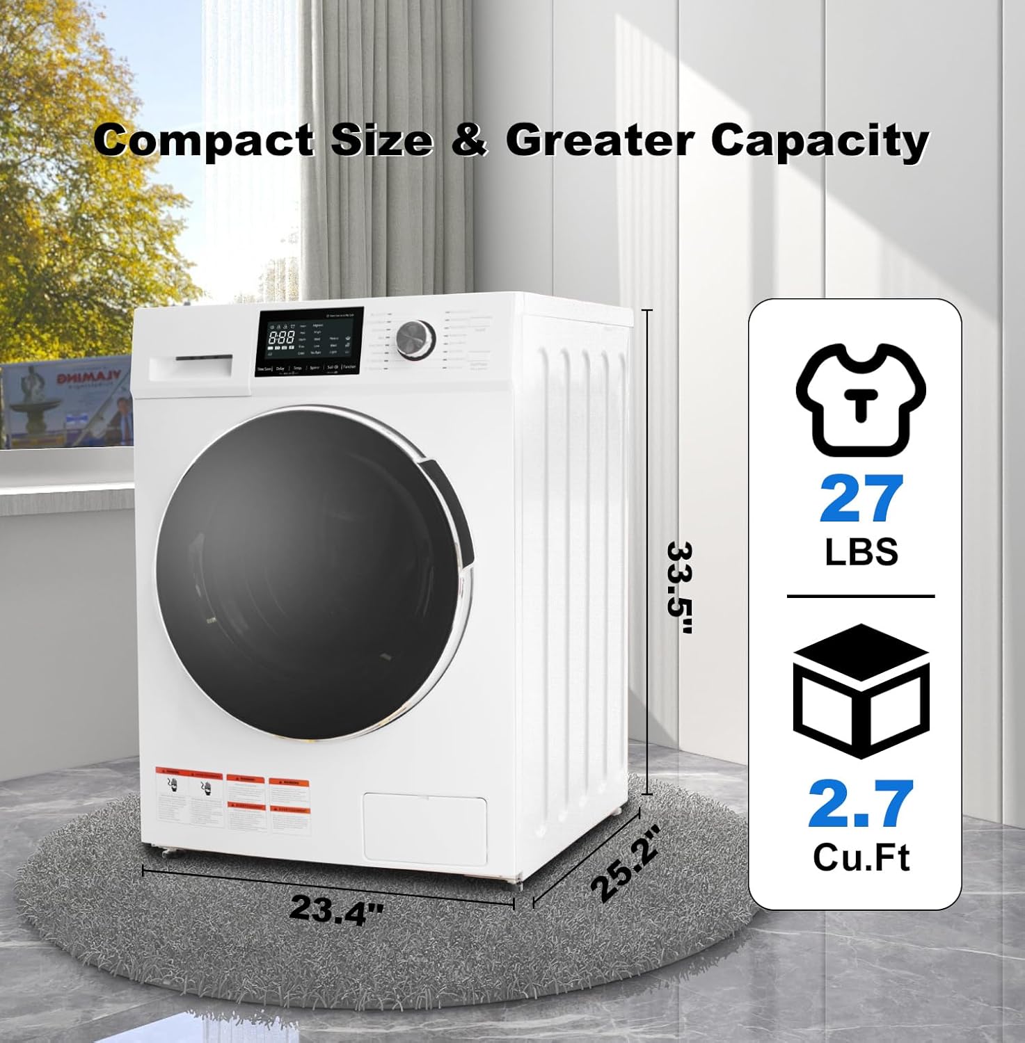 SMETA Washer Dryer Combo dimensions: 33.5 inches high, 23.4 inches wide, 25.2 inches deep