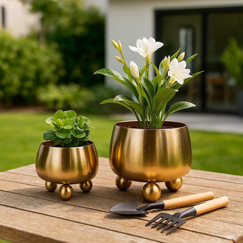 Flower Pots and Planters for Home Decor – Modern Plant Pots for Indoor and Outdoor Succulents, Herbs, and Ferns – Pots for Indoor Plant Stand Ideal for Garden, Patio, or Room Set of 2 – 9", 7" Gold