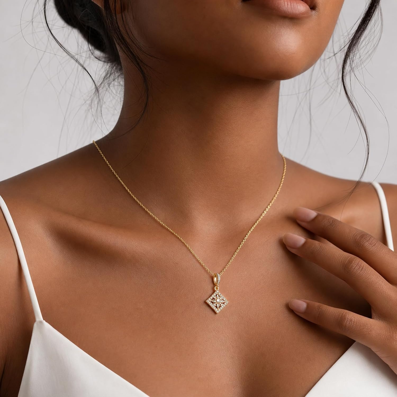14K Gold Plated Square Pendant Necklace for Women