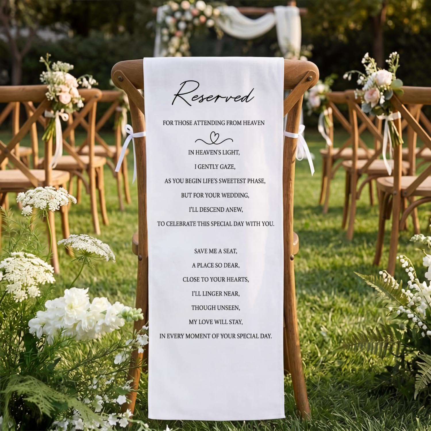 HunnmingRe Reserved Memorial Wedding Chair Sign with love from Heaven Cotton Linen Wedding Chair Sign 15 x 50 inch Save a Seat for Someone in Heaven Reserved Seating Decoration — image 1