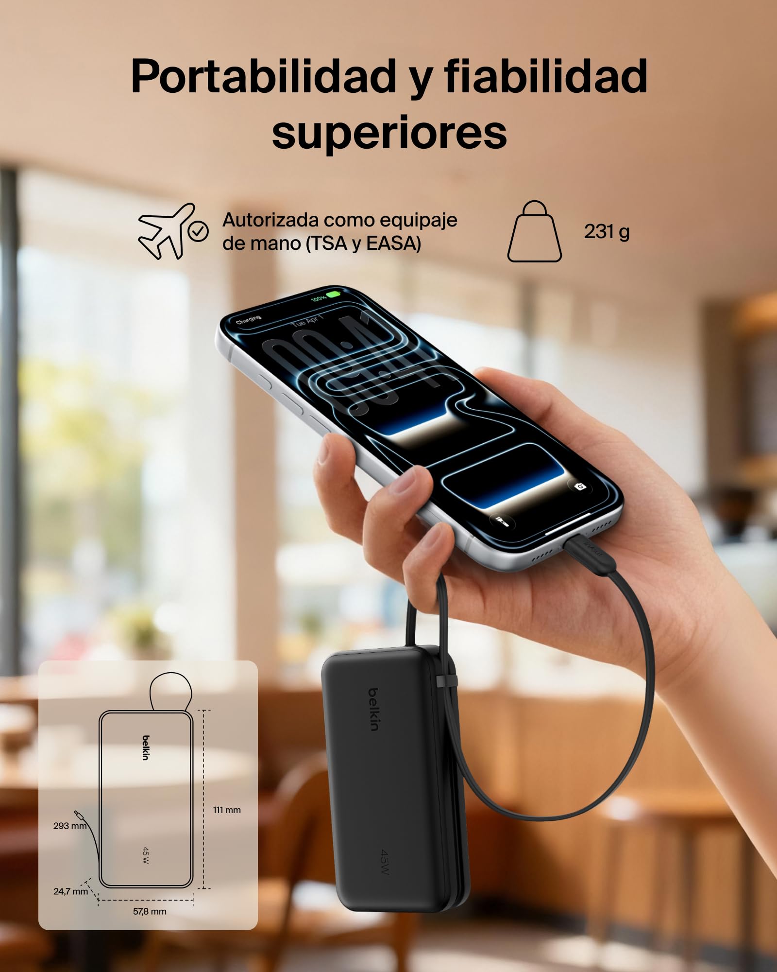 Belkin UltraCharge Batería Externa 10000mAh Cable USB-C y Pantalla - Negro | Power Bank de 10000 mAh, 1 Puerto y 1 Cable USB-C, 1 puerto USB-A, 45 W, LED, Apta como Equipaje de Mano y con Pantalla