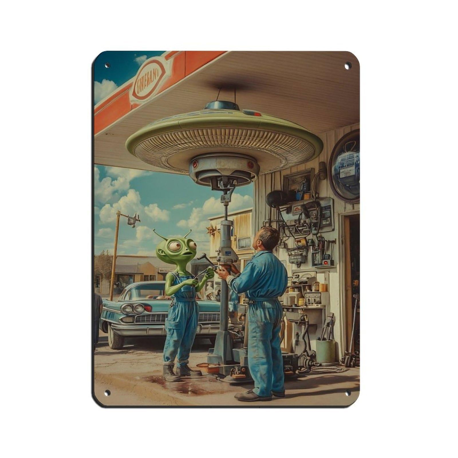 Retro UFO Alien Mechanic Tin Sign Vintage Metal Pub Club Cafe Bar Home Wall Art Decoration Poster Retro 12x16inch(30x40cm)