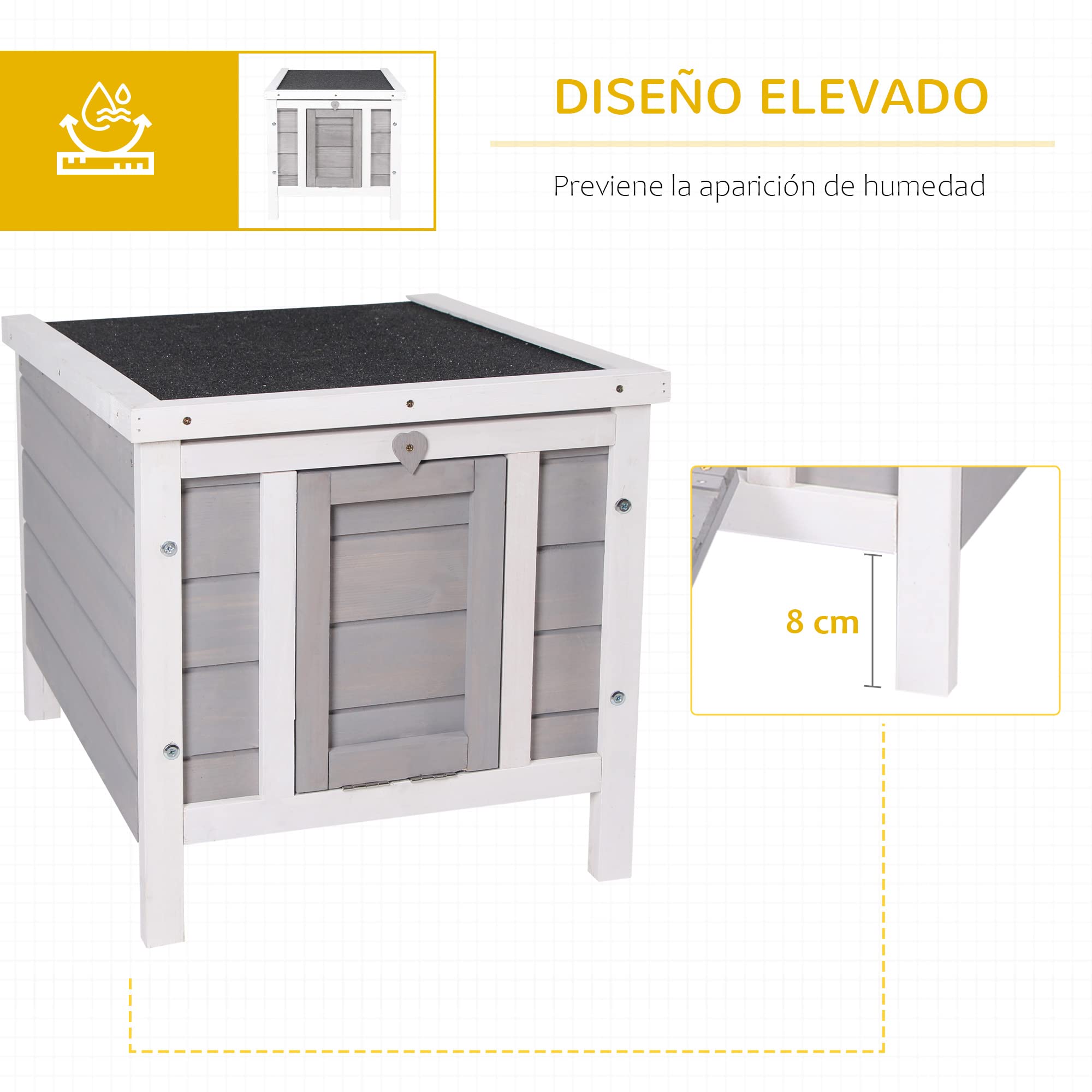 PawHut Conejera de Madera Exterior Jaula Caseta para Roedores Mascotas Pequeñas con Techo Asfáltico Se Puede Abrir y Rampa Antideslizante 42x51x43 cm Gris