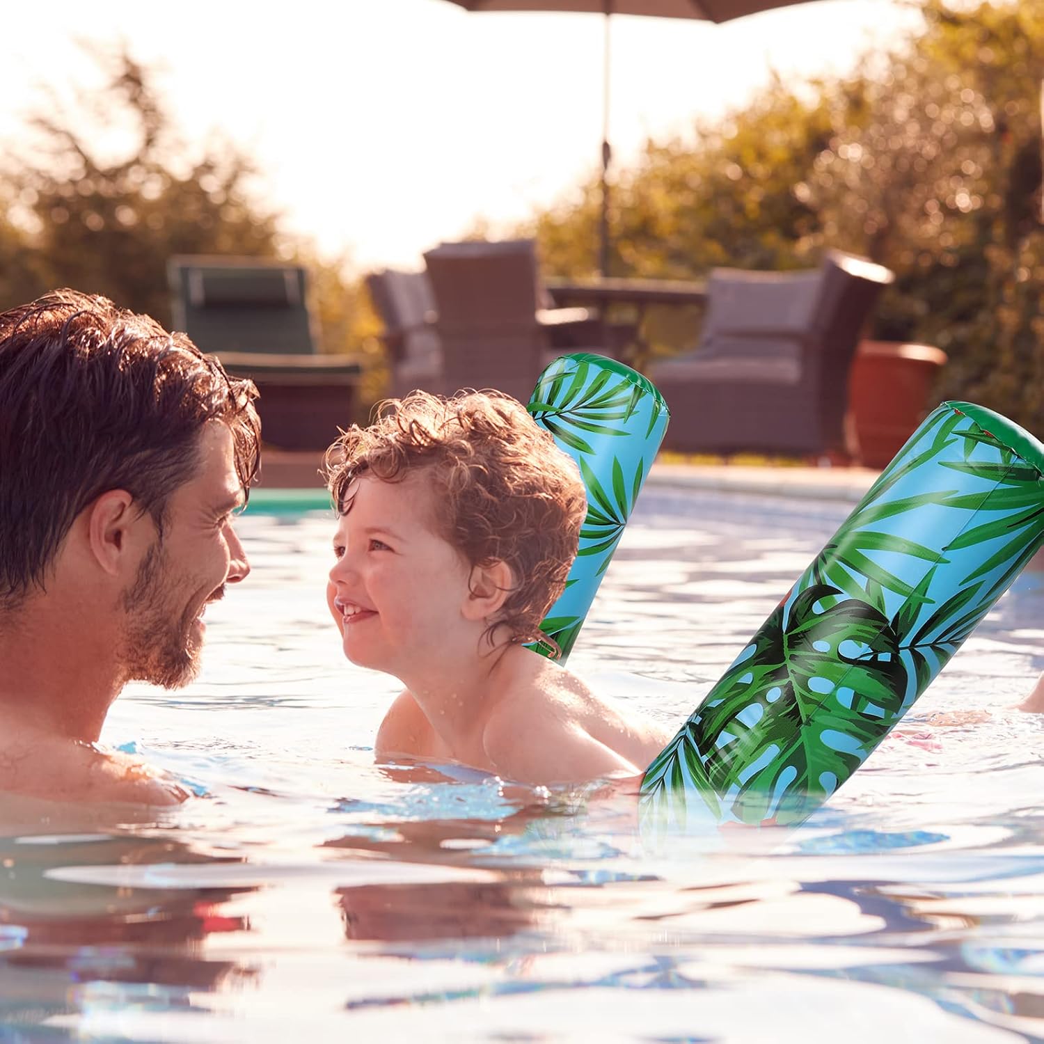 Karenhi 4 Pack 50 Inch Inflatable Swim Pool Noodles, Jumbo Swimming Pool Noodle, Flamingo Palm Leaf Hawaii Tropical Inflatable Floats for Summer Adult Swimming Floating Beach Lake Vacation(Flamingo)