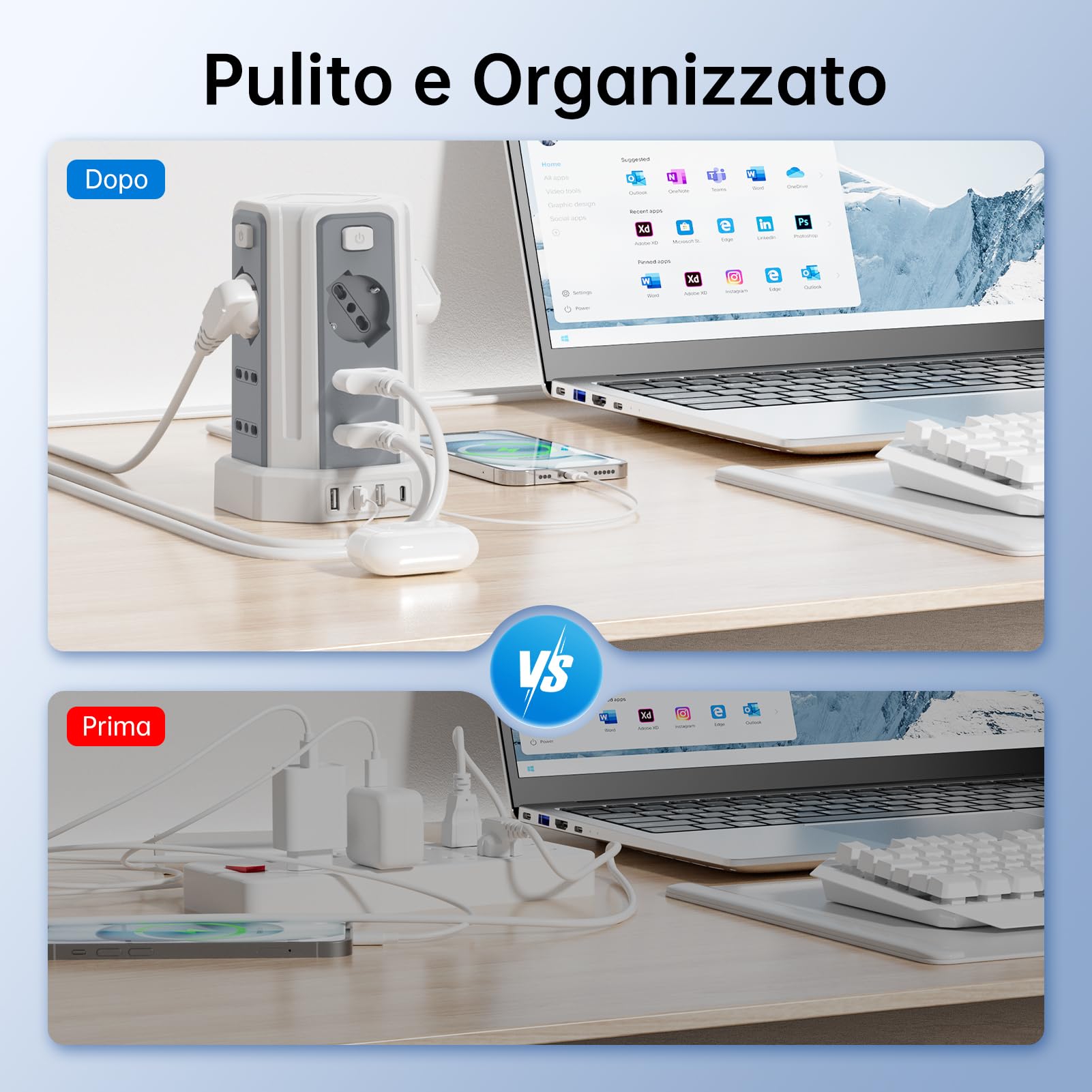 Regleta eléctrica multitoma de 5 metros con 12 tomas universales 10/16 A ITA y Schuko y 3 USB A+1 USB C protección Sobretensión con 4 interruptores independientes, blanco