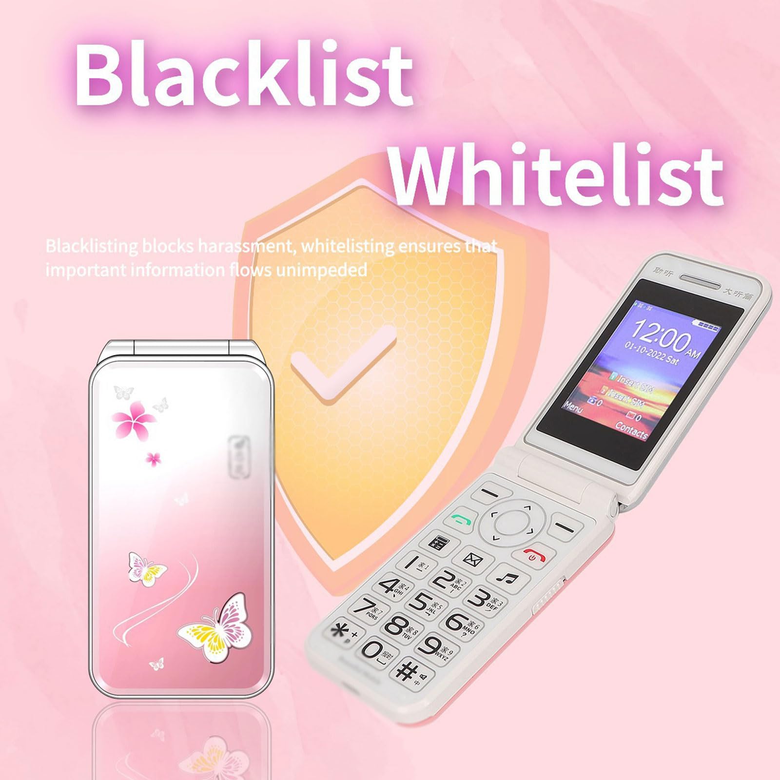 Telefon Komórkowy Osób Starszych Klapką, Telefon Komórkowy Dwiema Kartami SIM 2G Ekran 2,4 Cala Duży Przycisk/Głośna Głośność Czarna Lista Bateria 8800mAh Obsługa Muzyki, Wideo,Pink