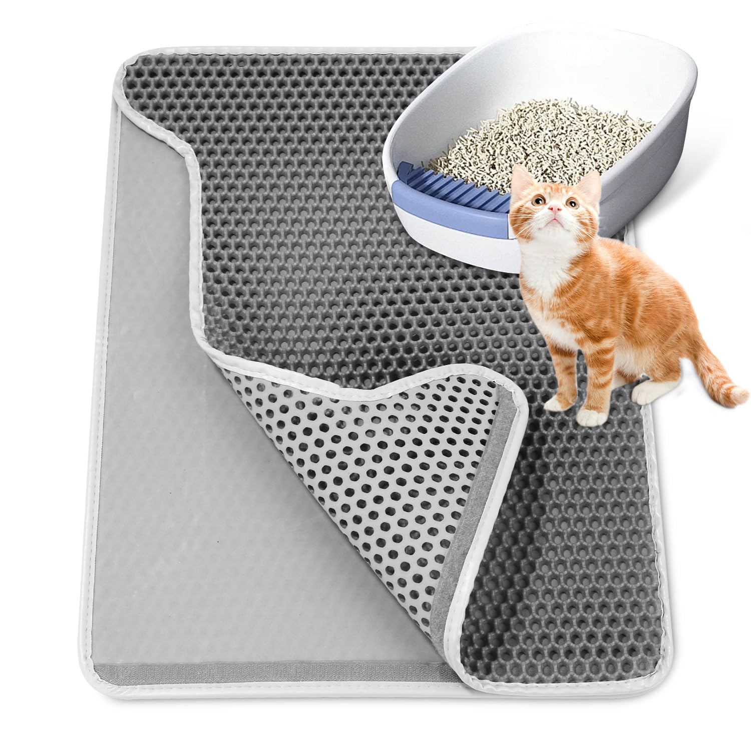 BYPET Kattenbakmat, Kattenstrooisel Mat, Waben Design Kattenbak Onderlegger, waterdicht, dubbele laag, honingraat ontwerp, mat voor onder kattenbak ( Grijs4060 BYPET Kattenbakmat, Kattenstrooisel Mat, Waben Design Kattenbak Onderlegger, waterdicht, dubbele laag, honingraat ontwerp, mat voor onder kattenbak ( Grijs4060