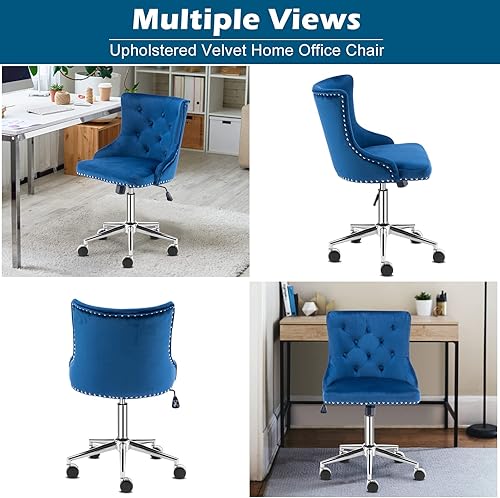 Miniatura 3 de VINGLI Silla de Escritorio de Terciopelo Azul Marino sin Brazos para Oficina en Casa con BaseRuedas Doradas, Linda Silla de TocadorMaquillaje con