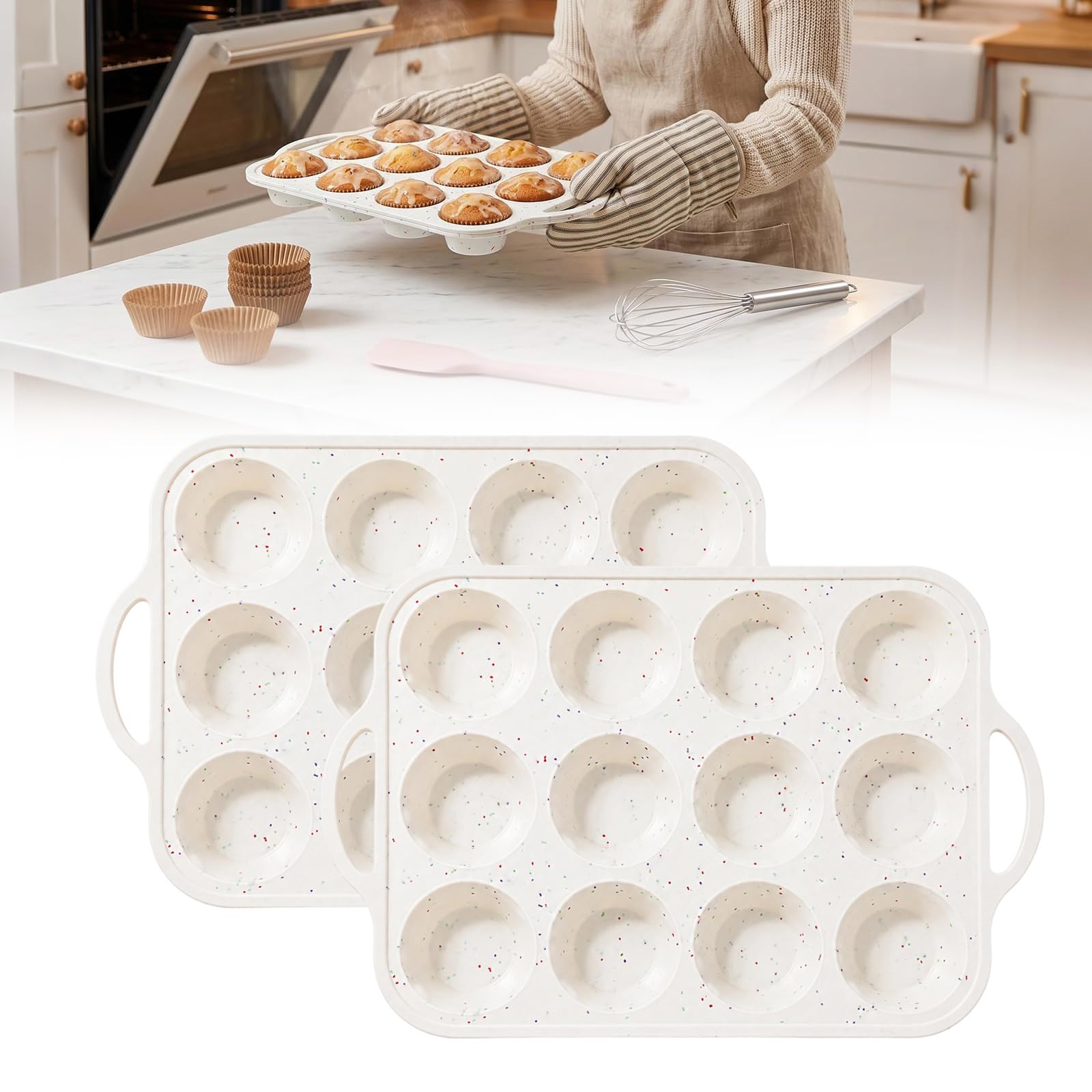 Ensemble de 2 moules à muffins en silicone de qualité alimentaire, ustensiles de cuisson de cuisine, moule à cupcakes réutilisable à dégagement facile pour la cuisson par lots, four à micro-ondes, à à