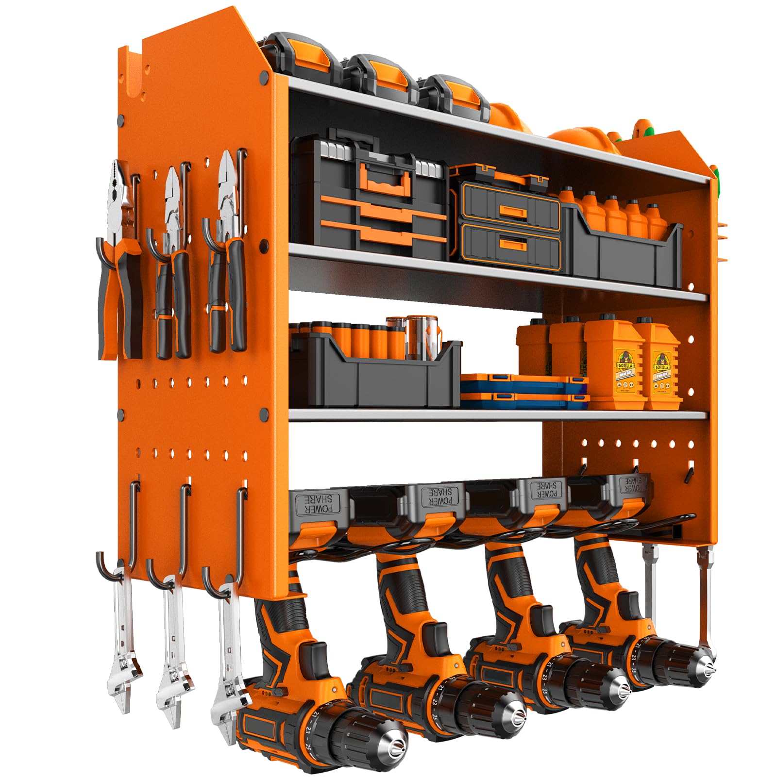 Hanured Organiseur Mural Pour Outils Électriques - Porte Perceuses 7 Emplacements 3 Niveaux - Rangement Garage