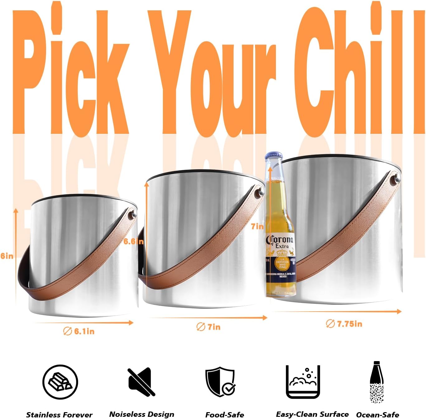 Double-Wall Vacuum Insulated Ice Bucket with Lid, Scoop, Ice Tong, Strainer & Leather Handle Keep Ice Frozen Longer Large Wine Ice Buckets for Cocktail Bar,Parties Chilling Beer Champagne 3L - Image 4