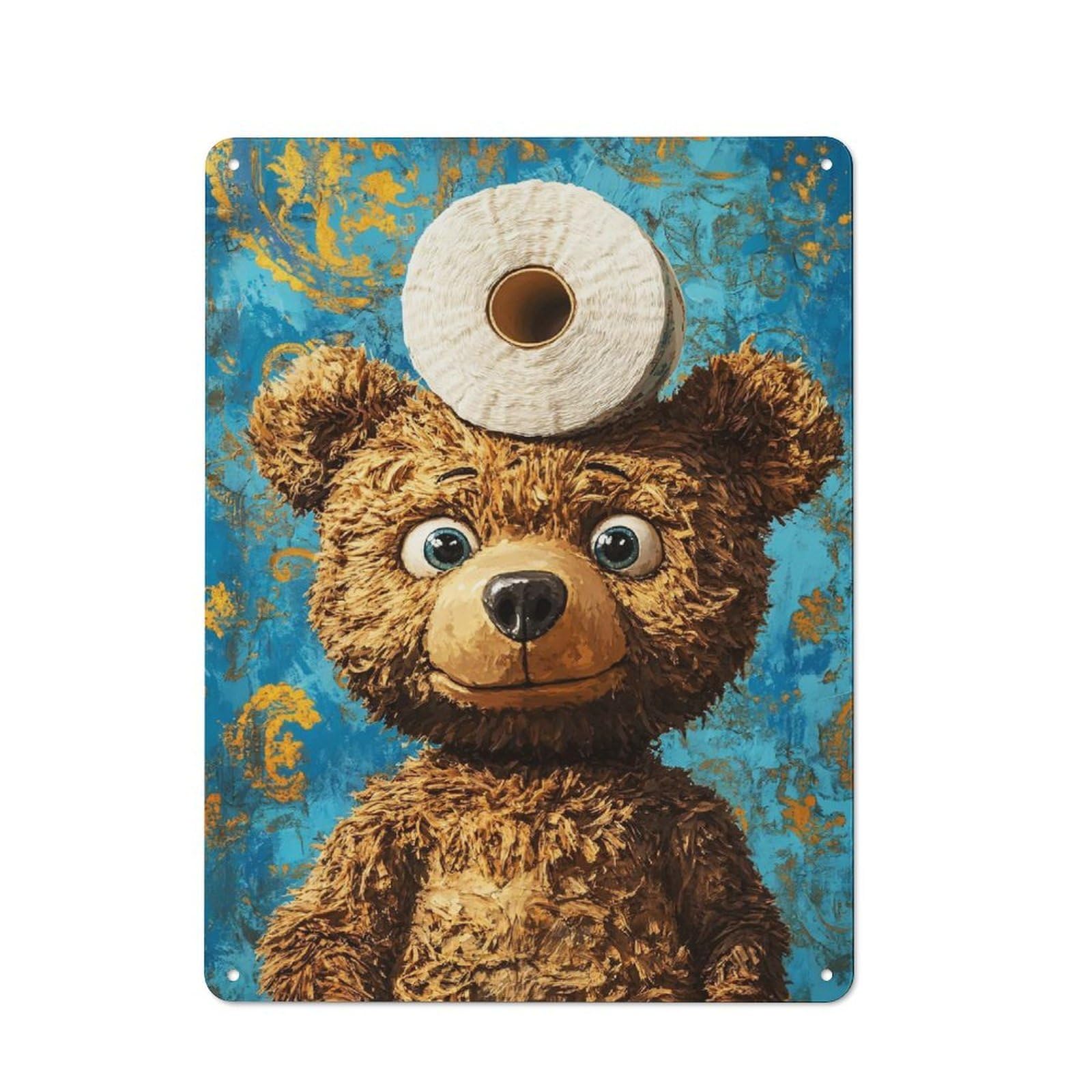 Junmoney Style-10 Teddy Bear With Toilet Paper Hat Workshop Style Metal Wall Decor 40X30cm, Decorative Metal Plaque For Garage, Workshop, Shed Or Utility Room