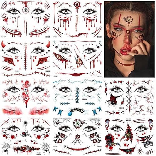 Uranian Tatuajes temporales de Halloween, tatuajes de maquillaje facial, cicatriz falsa, heridas sangrientas, tatuajes falsos de telaraña, sangre de