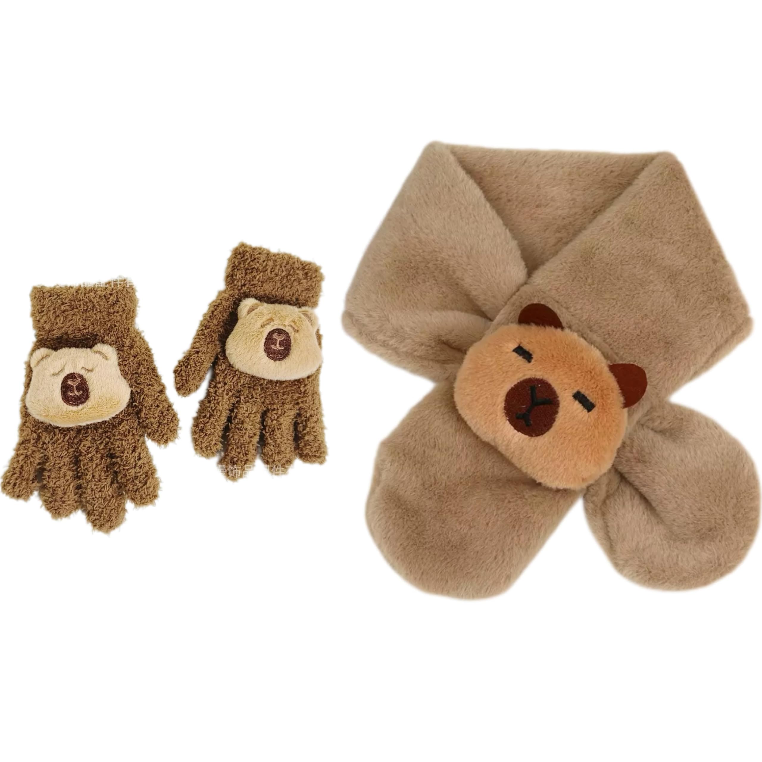 GS Forever Children Beanie Hat Scarf Glove Set, Kids Winter Warm Knitted Set Thermal Cap Warmer Gloves Soft Hat Scarf Mitten for 5-12 Years Old (Capybara scarf and gloves set)