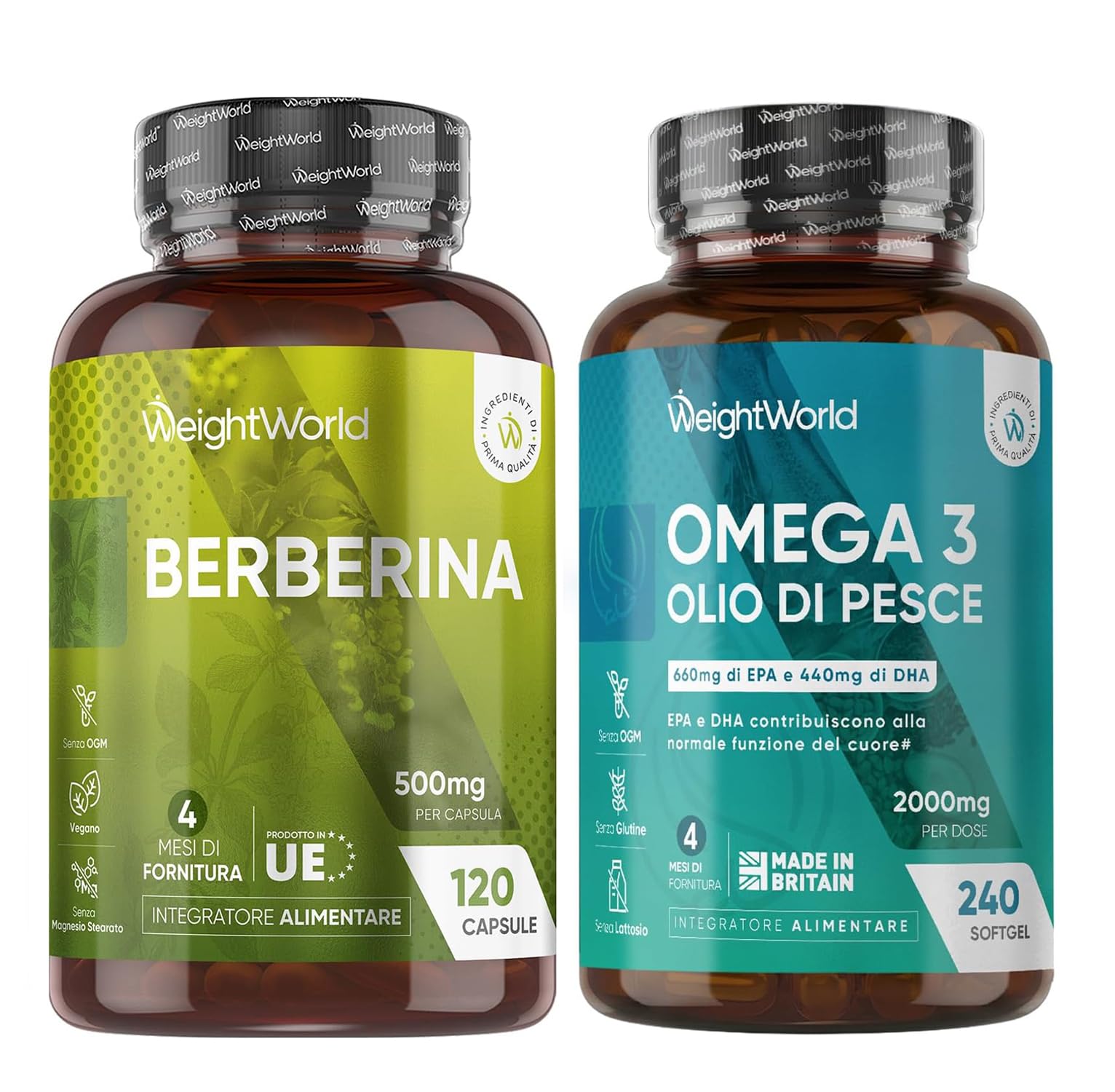 Berberina 500 mg Pura 85% e Omega 3 Olio di Pesce Bundle, 120 Capsule + 240 Softgel, Berberine dalla Pianta Berberis Aristata, Omega 3 2000mg con 660mg di EPA, 440mg di DHA, Senza Magnesio Stearato