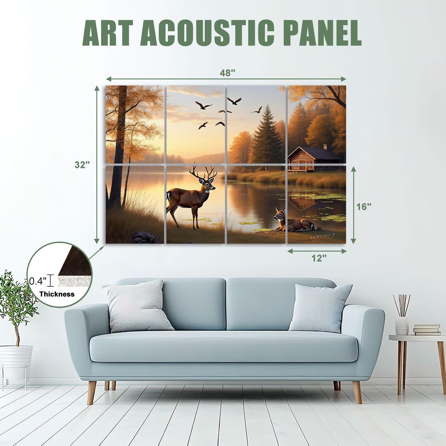 8 Pack Art Acoustic Panels Sound Absorbing Golden Rustic Animal Vintage Deer Forest Cabin Water Birds Oil Decorative Soundproof Wall Panels Self Adhesive for Recording Studios Office 48"x32"