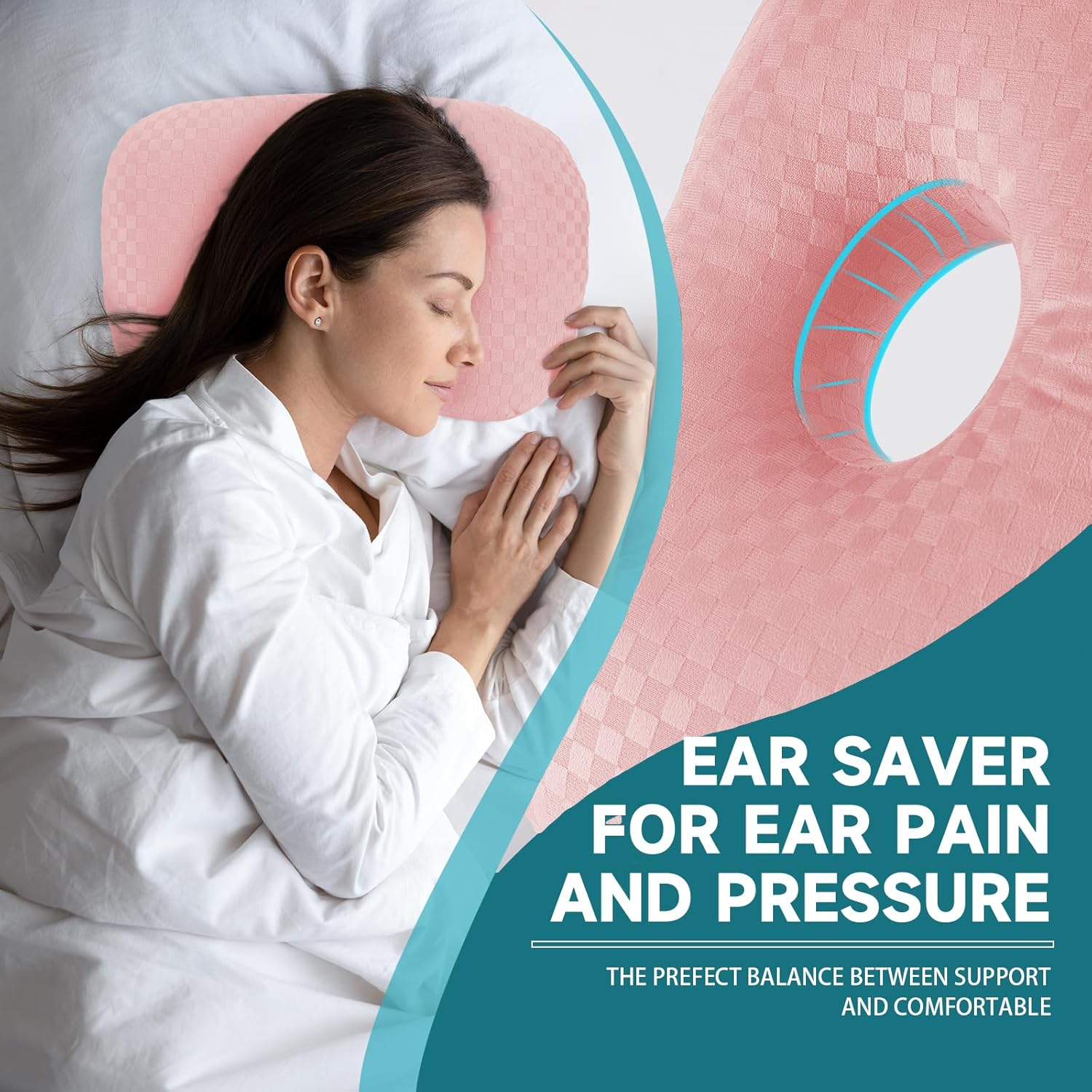 Ear Piercing Pillow with an Ear Hole, Cotton and Polyester Side Sleeping Pillow for CNH and Ear Pain Ear Inflammation Pressure Sores for Side Sleepers, Ear Guard Pillow (Light Pink)