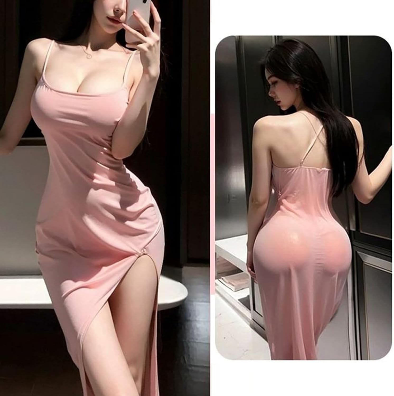 Women's Sexy Sheer Mesh Bodycon Nightgown - Lingerie Babydoll Chemise with Thong & Side Split Dress