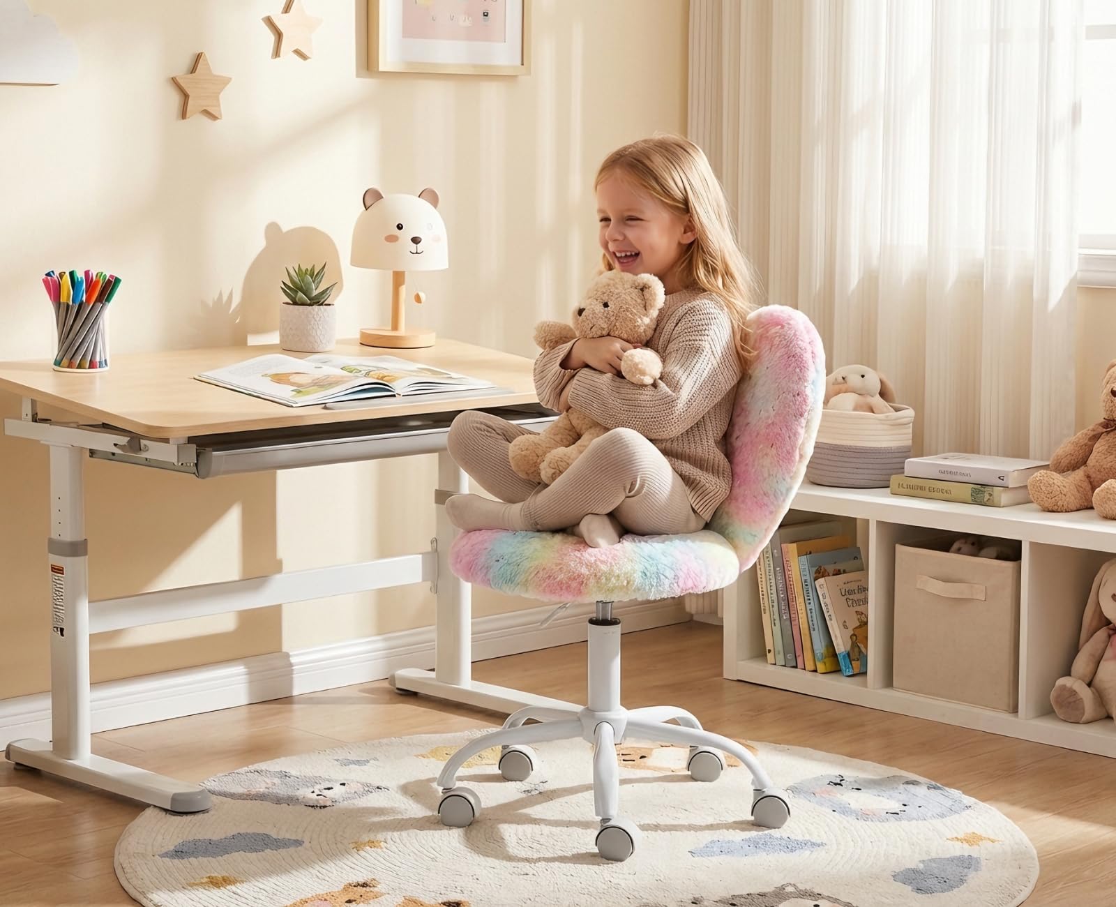 Ya-Home Chaise de Bureau Jolie pour Filles Chaise Bureau Enfant en Fausse Fourrure Fauteuil Bureau pour Filles avec Pied Pivotant, Coloré