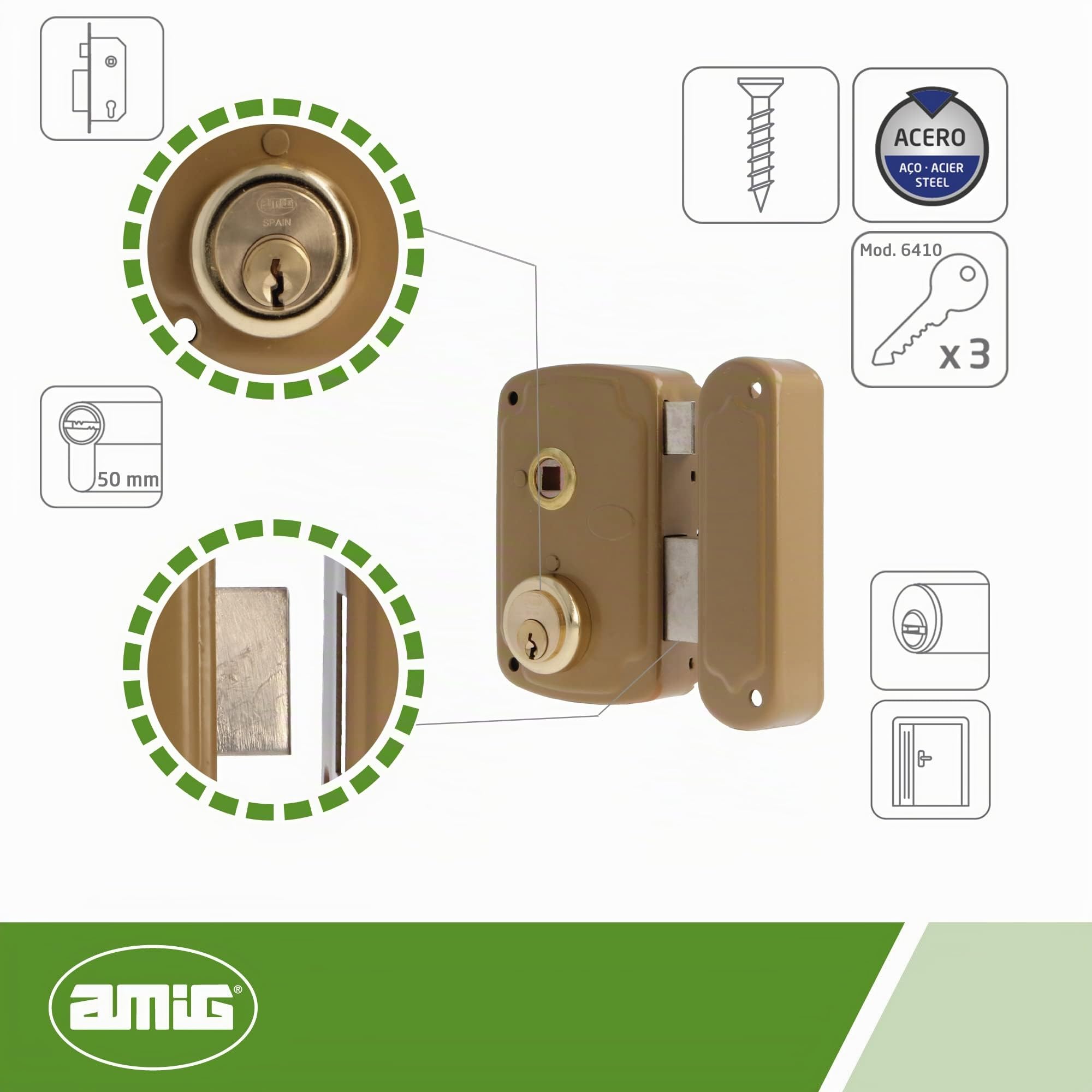 Amig - Serratura a Sovrapposizione a Destra con Leva di Chiusura e Linguetta per Porte in Legno Mod. 75UN 76 x 120 mm Cilindro rotondo di sicurezza in acciaio dorato