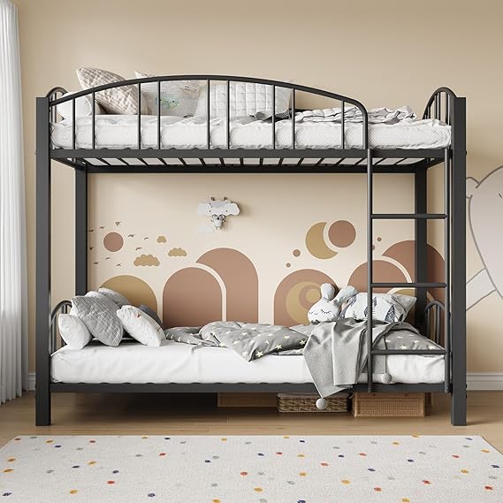 Bunk Bed Twin Over Twin with Stairs and Arched Guardrail, Sturdy Metal Slats Support, Space Saving, Noise Free, No Box Spring Needed, Ideal for Kid Room and Dorm, Black