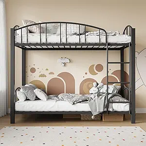 Bunk Bed Twin Over Twin with Stairs and Arched Guardrail, Sturdy Metal Slats Support, Space Saving, Noise Free, No Box Spring Needed, Ideal for Kid Room and Dorm, Black