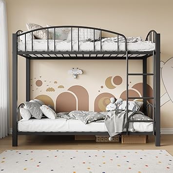 Bunk Bed Twin Over Twin with Stairs and Arched Guardrail, Sturdy Metal Slats Support, Space Saving, Noise Free, No Box Spring Needed, Ideal for Kid Room and Dorm, Black