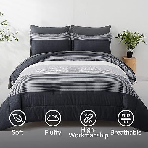 Miniatura 7 de Juego de edredón de 7 piezas en una bolsa, tamaño Queen, color negro y gris, juego de edredón ligero de microfibra a rayas para cama Queen (1