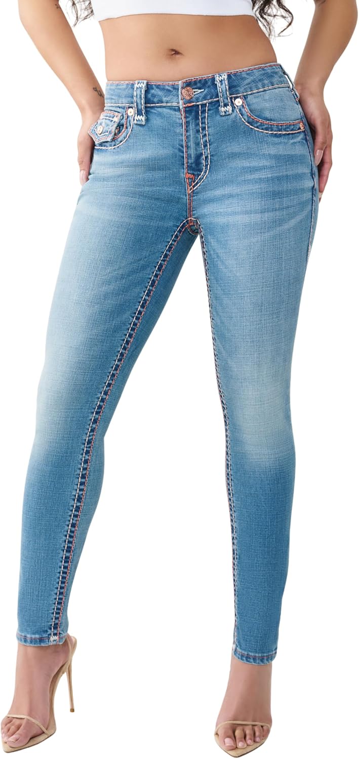 True Religion Women's Jennie Mid Rise Skinny Jeans - Cotton Blend, Super T Flap Pocket, Skinny Fit