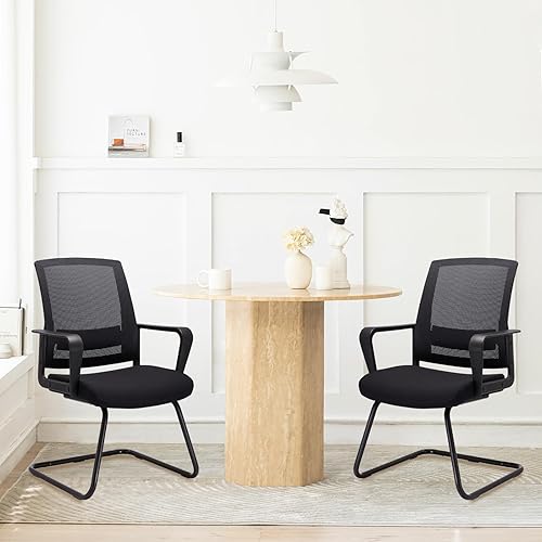 Miniatura 8 de CLATINA Silla de oficina para invitados con base de trineo y soporte lumbar, silla ergonómica de malla con respaldo medio sin ruedas, silla de