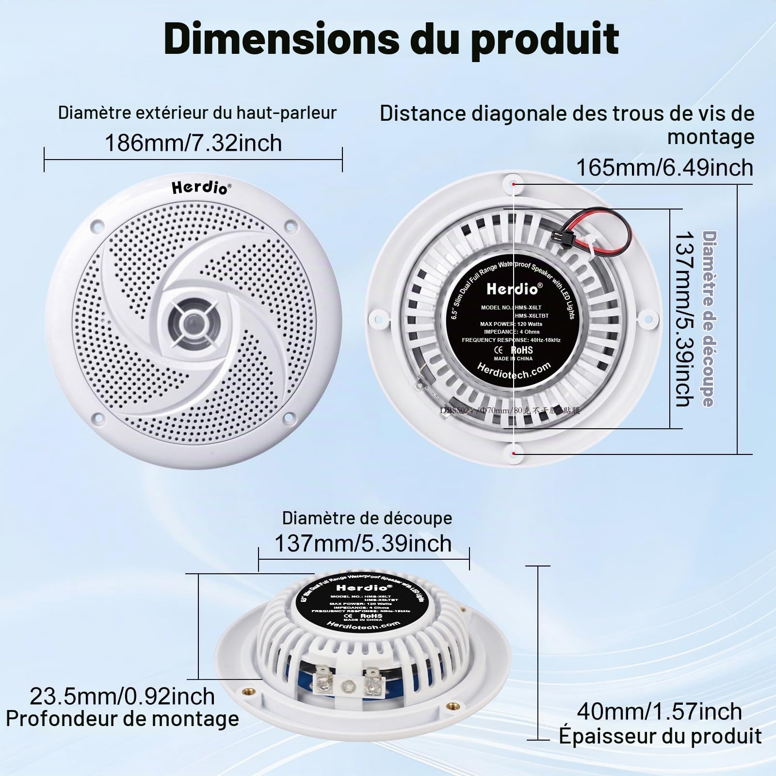 Herdio 6.5 inch 240W Haut-parleurs Marins étanches - 2 Voies résistants aux intempéries avec lumières LED, et Style Mince à Profil Bas pour Bateaux et véhicules récréatifs (Blanc)
