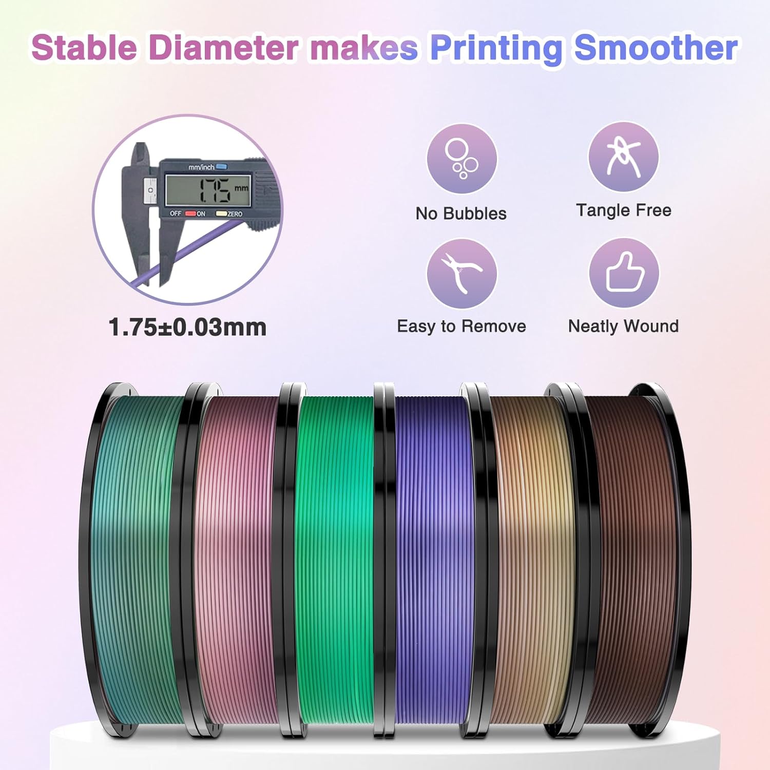Rainbow Matte PLA Filament Bundle | 6-Pack (250g per Spool, 1.5kg Total), Multicolor Changing 3D Printer Filament 1.75mm Rainbow Filament for FDM 3D Printers & 3D Pens