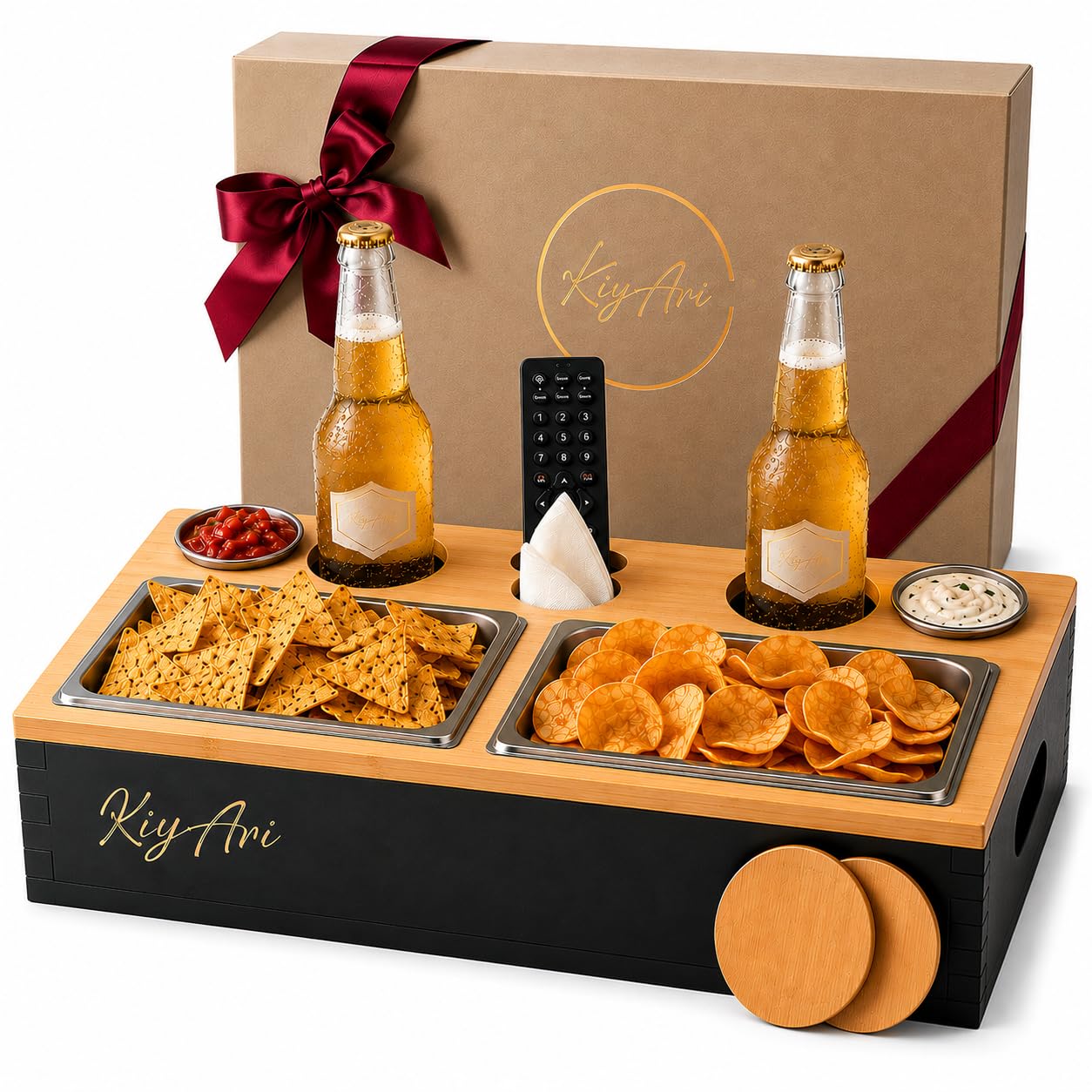 Couchbar Snackbox de bambú, 2 soportes para bebidas, 2 cuencos para aperitivos, soporte para teléfono móvil